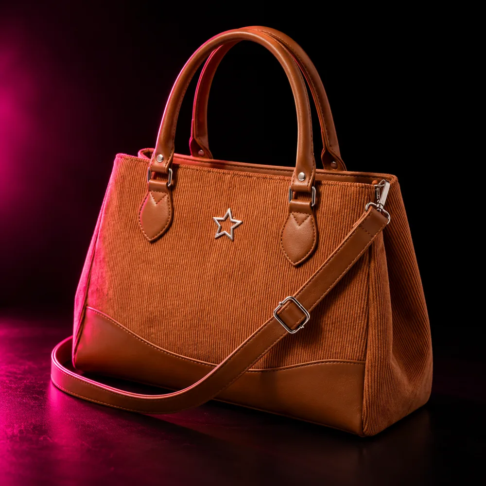 Bolsa caramelo com alças de couro e detalhes em veludo